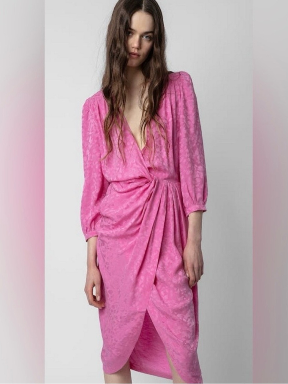 Zadig & Voltaire NWT Silk Jacquard Pink Midi Dress Draped Waist $698 - Picture 9 of 16